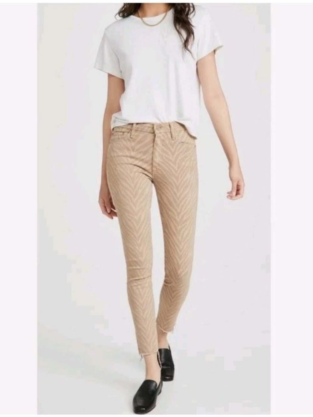 Mother Jeans Tan Sweet Stripes Stretch Denim The Looker Ankle Fray Size 25